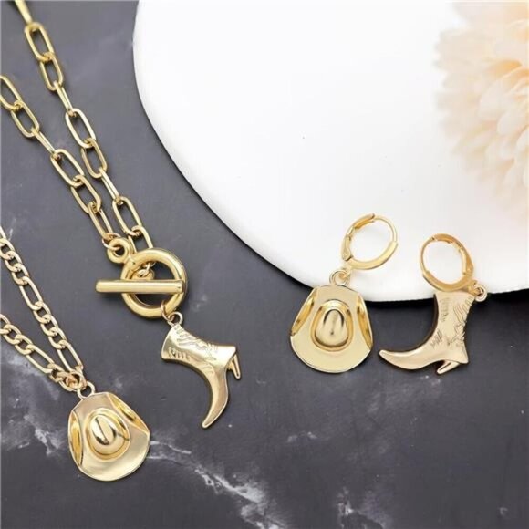 Cowgirl chic Western Necklace Earrings Jewelry Set For Women Chunky Gold tone - Picture 5 of 7